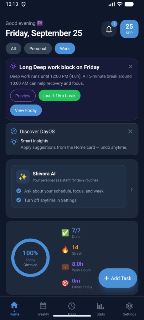 DayOS home dashboard